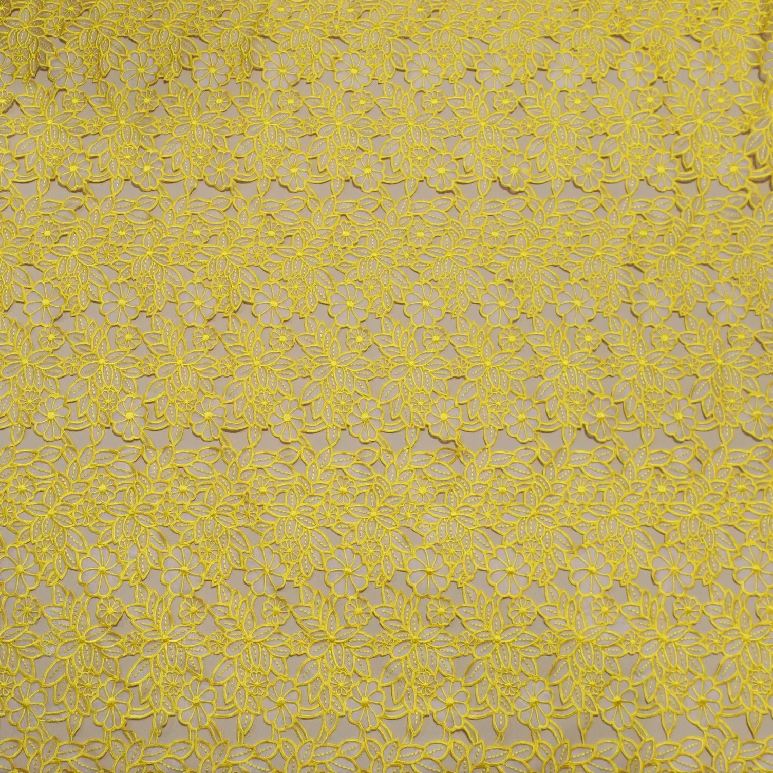 Yellow Floral Embroidered Silk Blend Organza Fabric