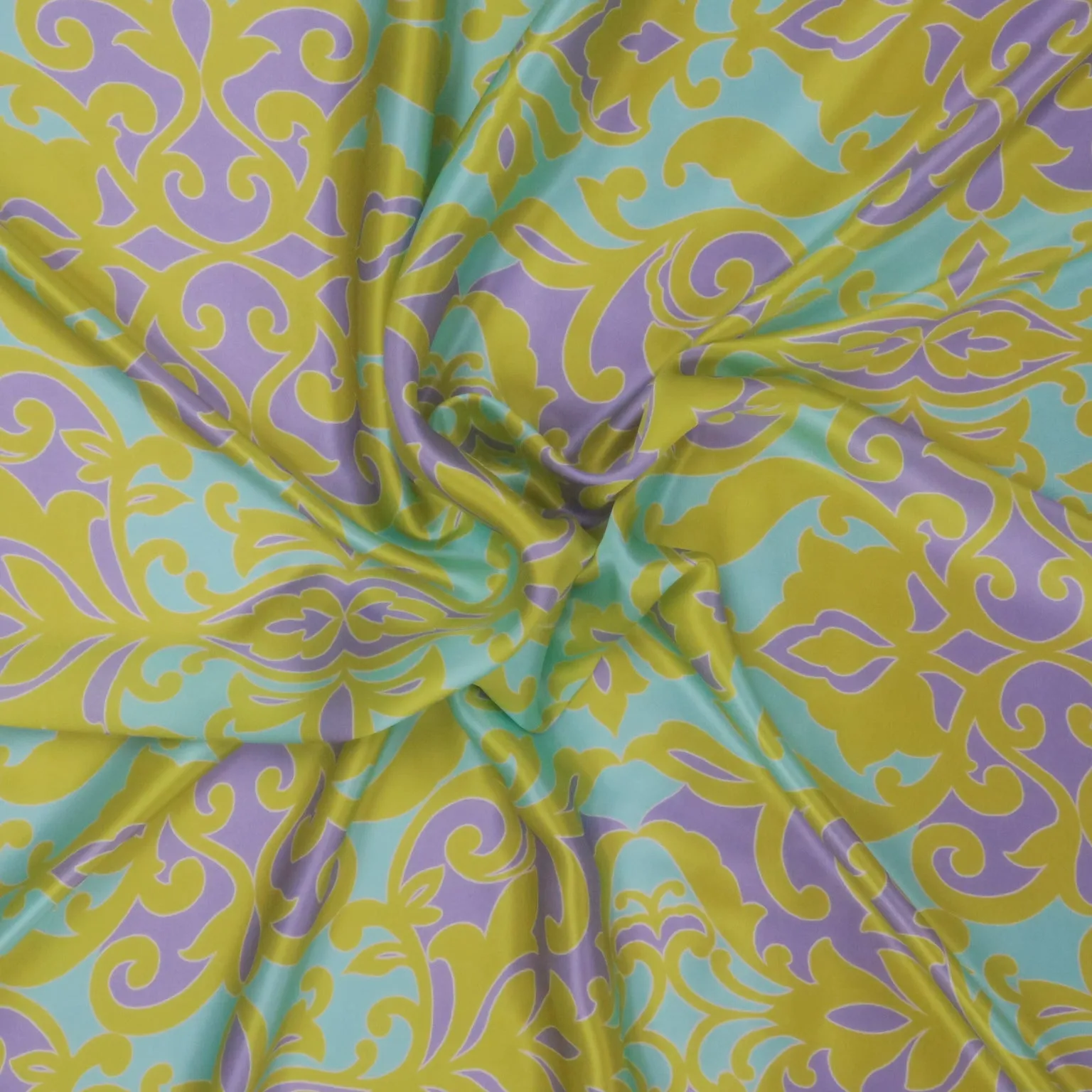 Yellow Lilac and Mint Vintage Ornaments Printed Silk Charmeuse Fabric